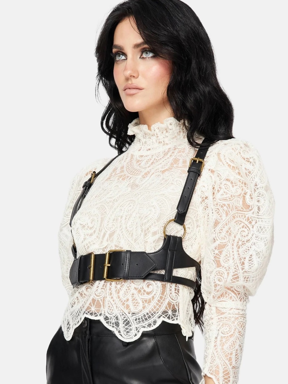 Disturbia Lyra Lace Ruched High Neck Blouse NWT